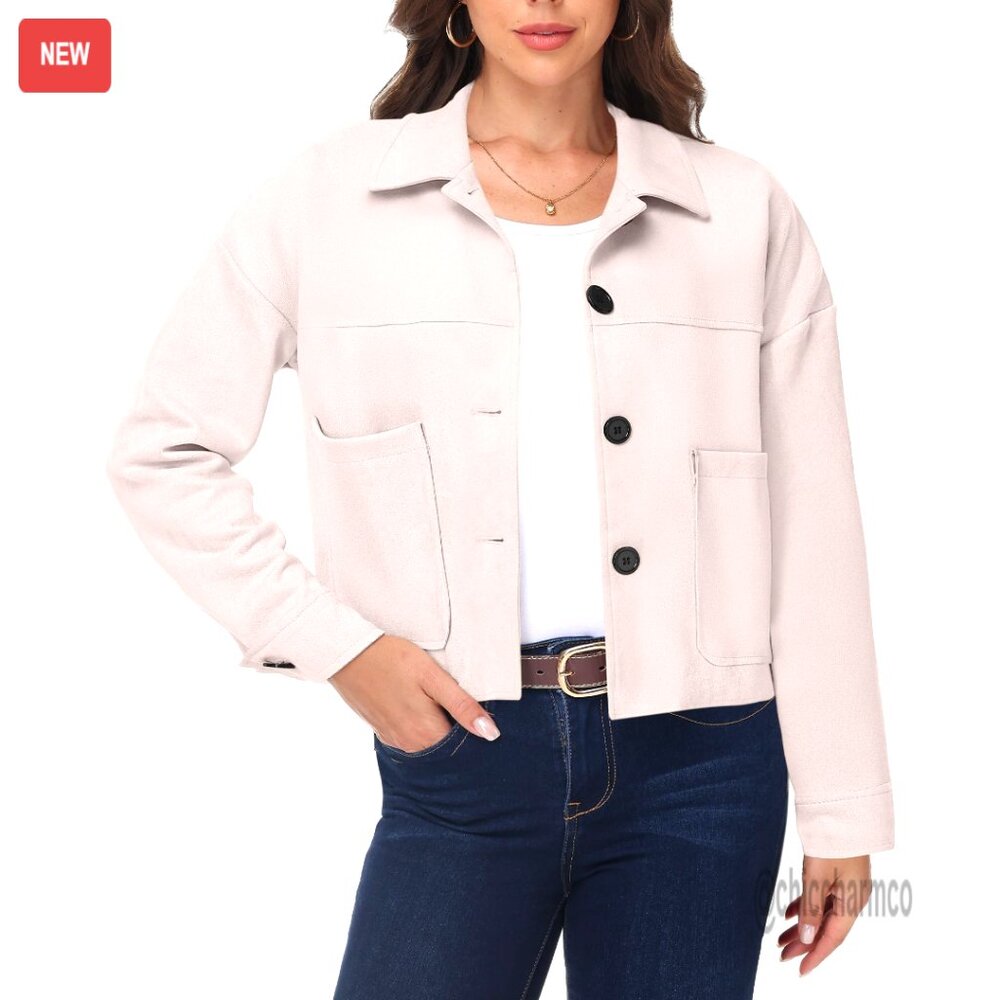 Faux Suede Cropped Jacket Lapel Collar Button Down Vintage Chic Outerwear